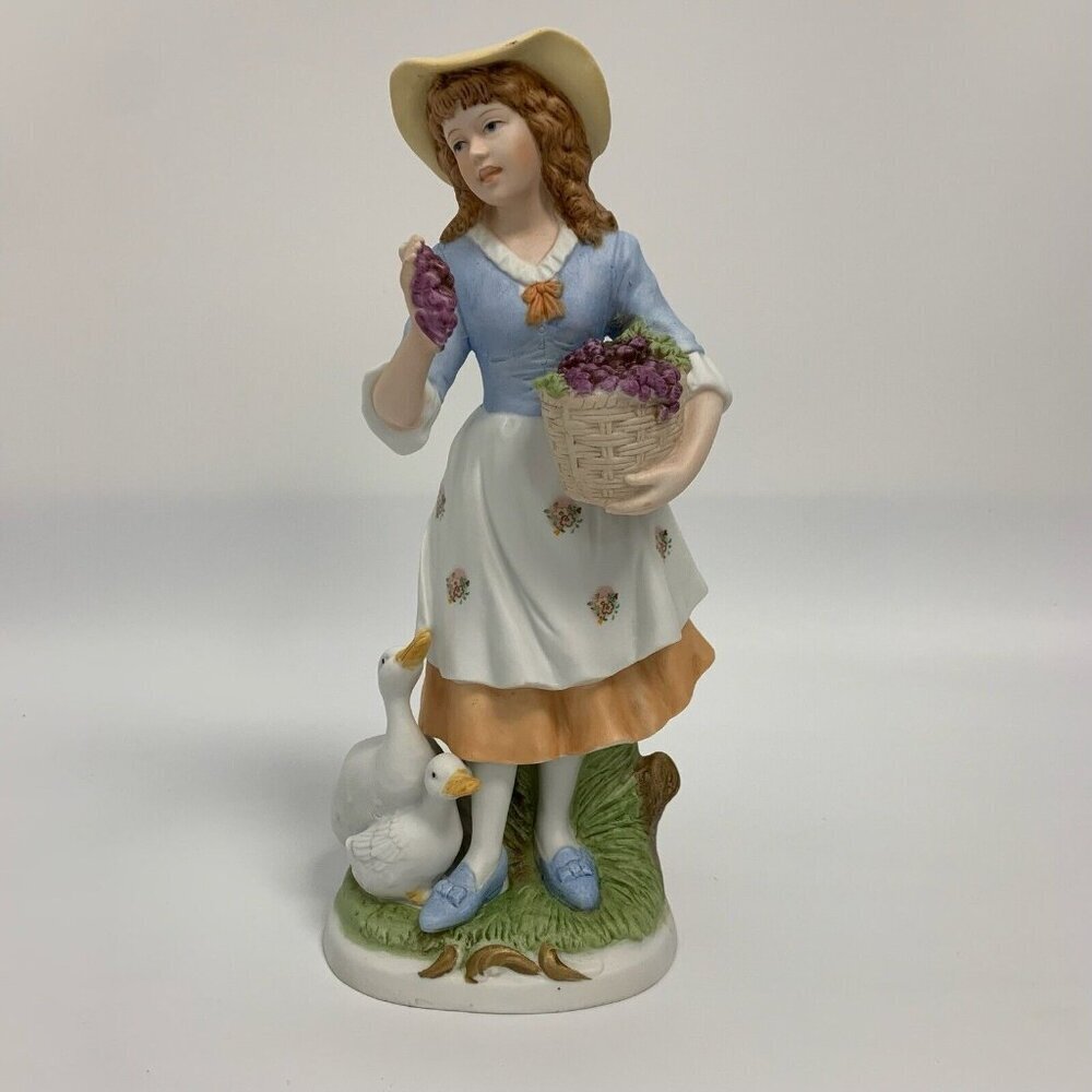 Vintage homco porcelain figurine Lady with Grape basket and ducks in A Hat